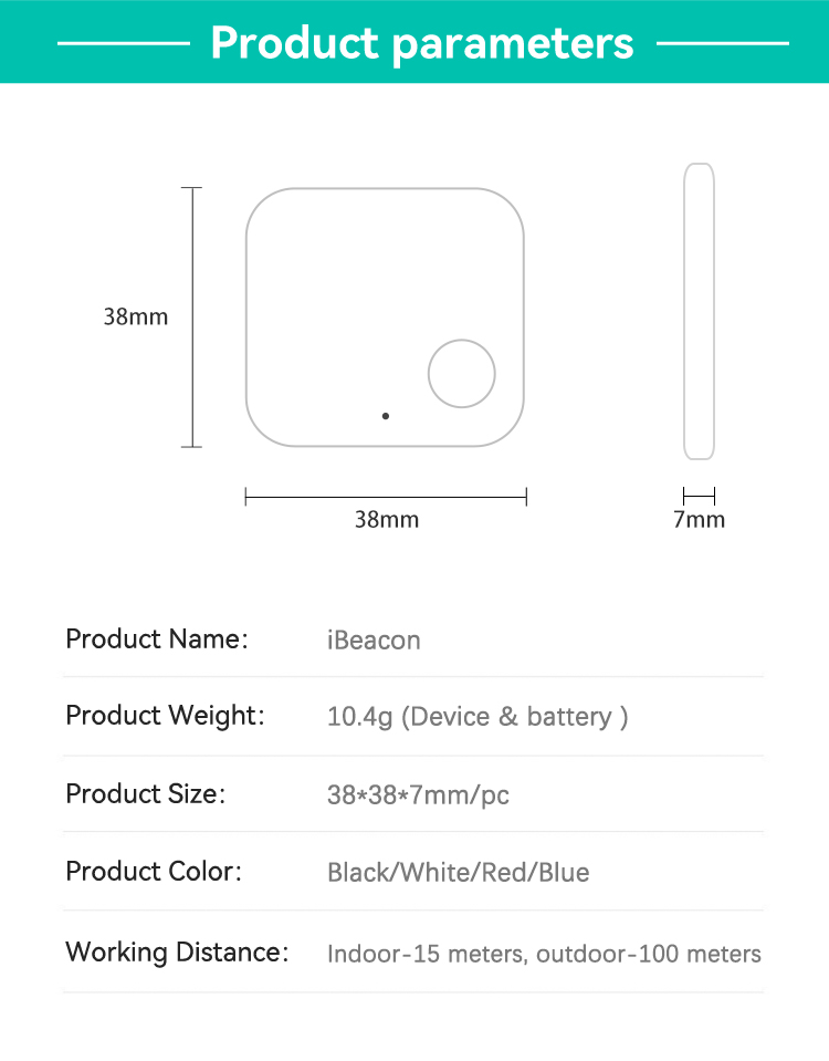iBeacon/Eddystone,JW1405B（可配置）,38*38*7mm,White/Black/Red/Blue